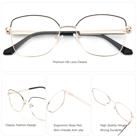 ZENOTTIC Andrea eyeglasses: Gold metal cat eye frame (53-16-142), clear lenses, premium HD.