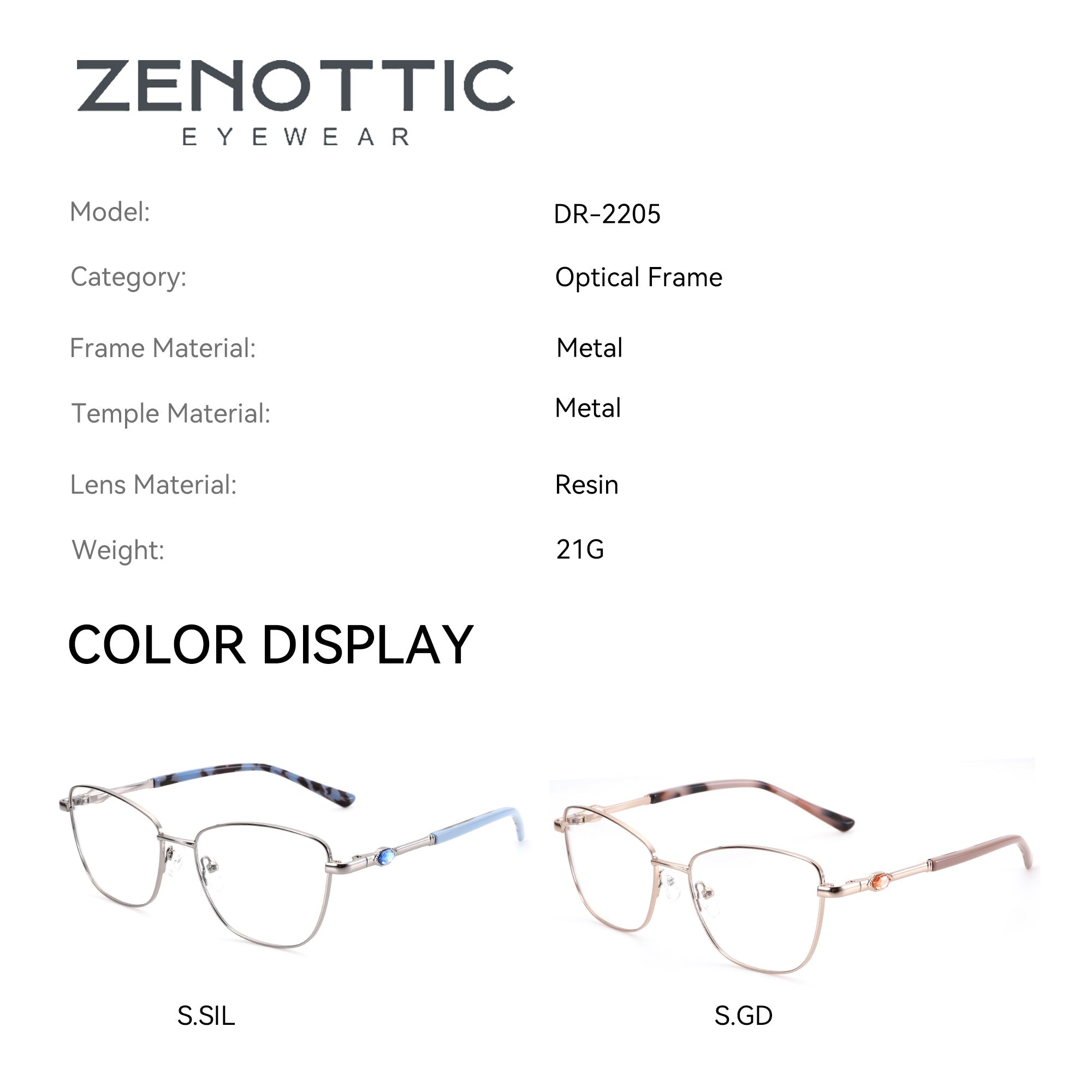 Zenottic Seren eyeglasses: silver metal frame with blue patterned temples and gold metal frame with brown patterned temples.