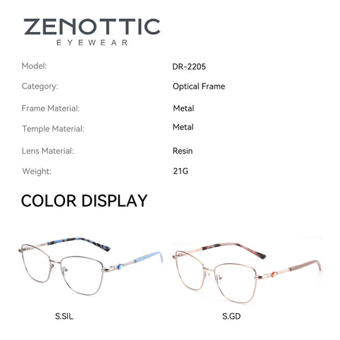 Zenottic Seren eyeglasses: silver metal frame with blue patterned temples and gold metal frame with brown patterned temples.