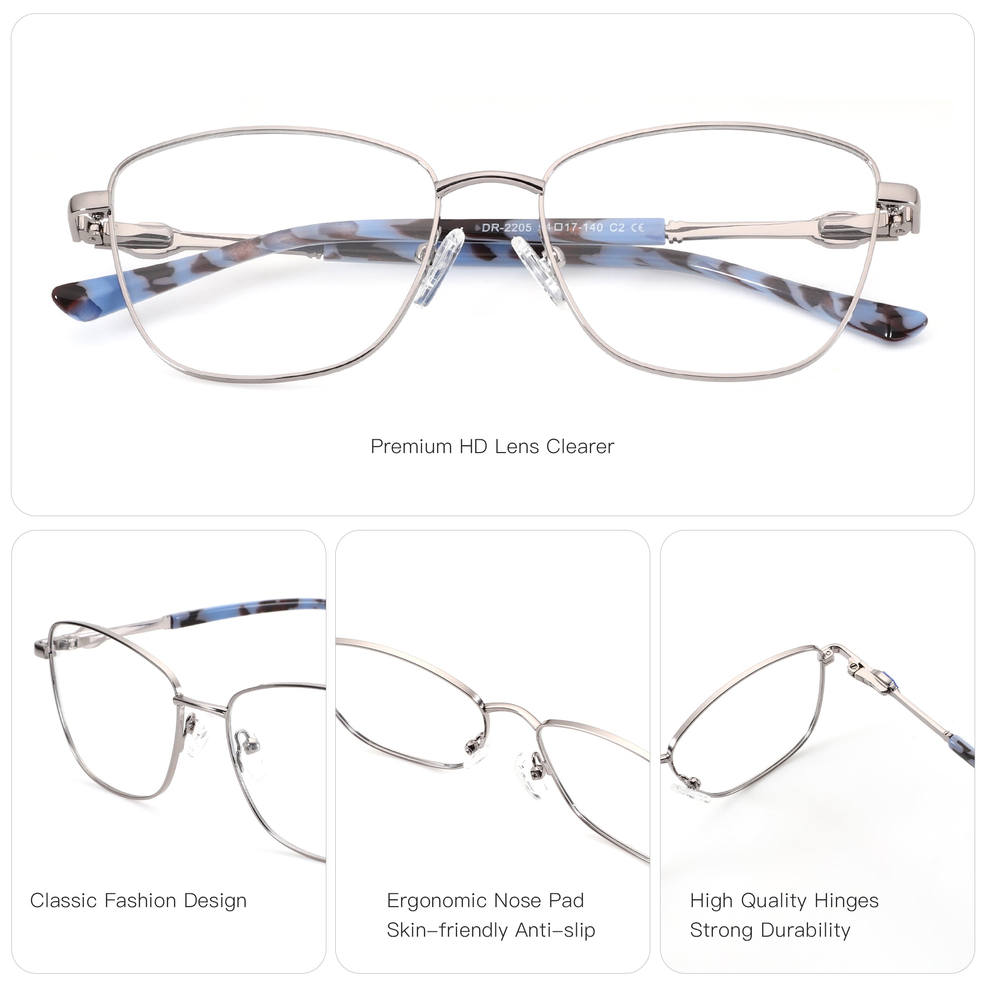 Zenottic Seren eyeglasses: silver metal frame, clear lenses, marbled blue/brown temples. Classic design, ergonomic nose pads, durable hinges.