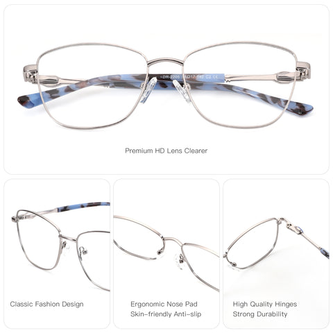 Zenottic Seren eyeglasses: silver metal frame, clear lenses, marbled blue/brown temples. Classic design, ergonomic nose pads, durable hinges.
