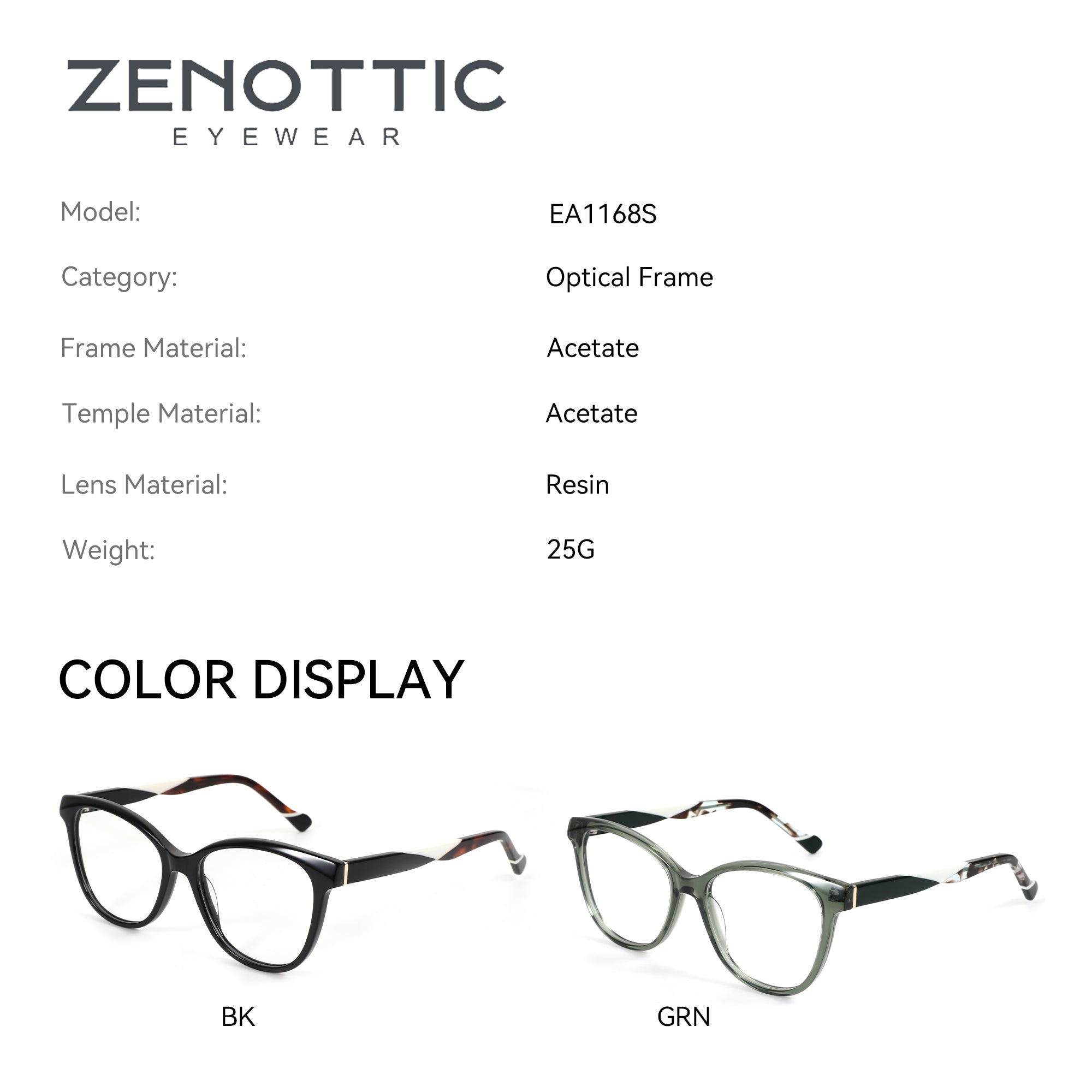 Zenottic Isolde eyeglasses in black (BK) and green (GRN) acetate frames with resin lenses.