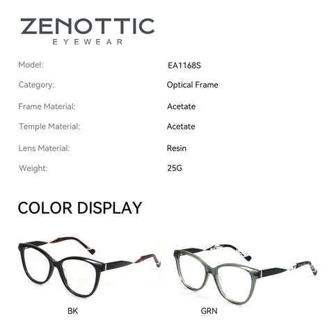 Zenottic Isolde eyeglasses in black (BK) and green (GRN) acetate frames with resin lenses.
