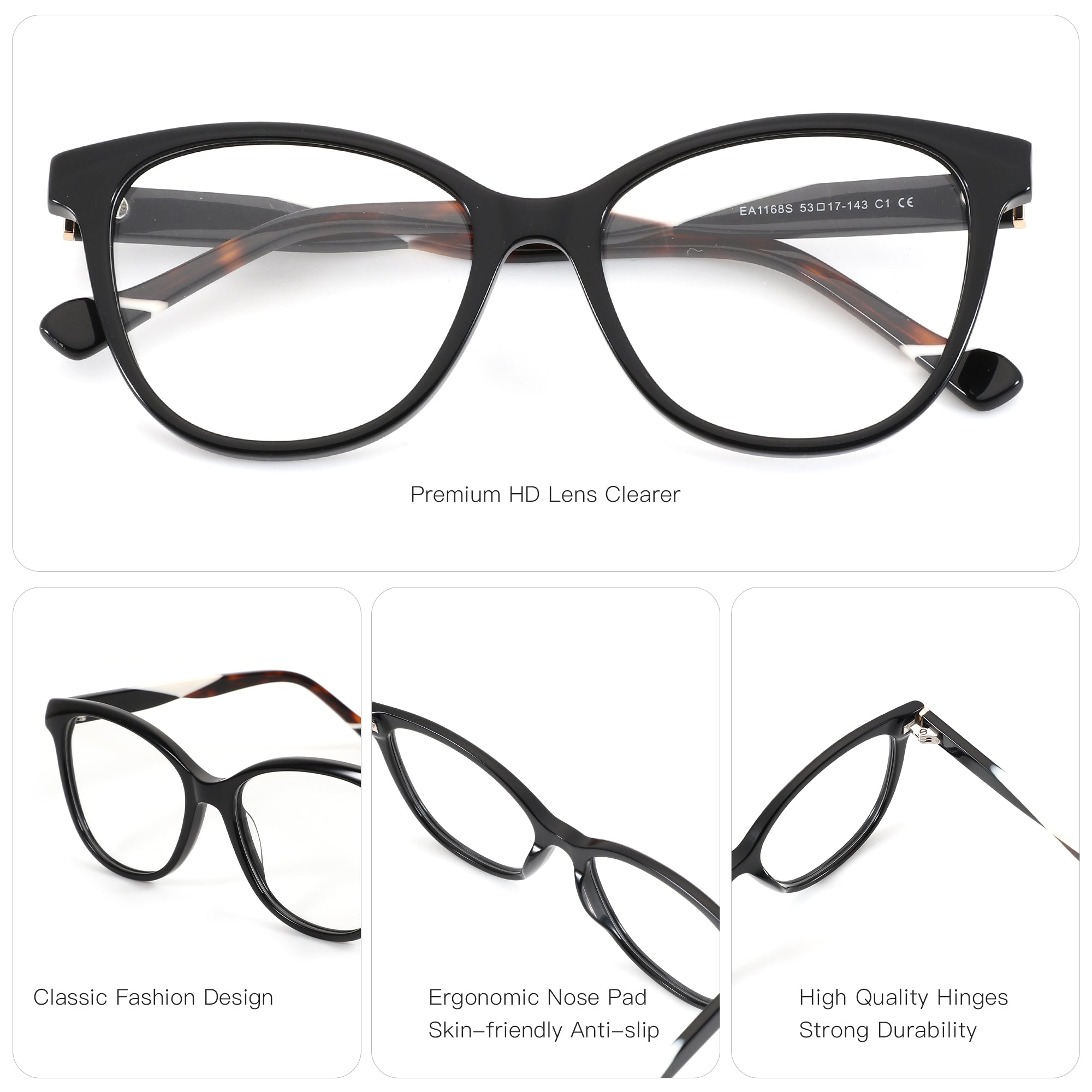 Zenottic Isolde black acetate eyeglasses with tortoise shell temples and premium HD lenses.