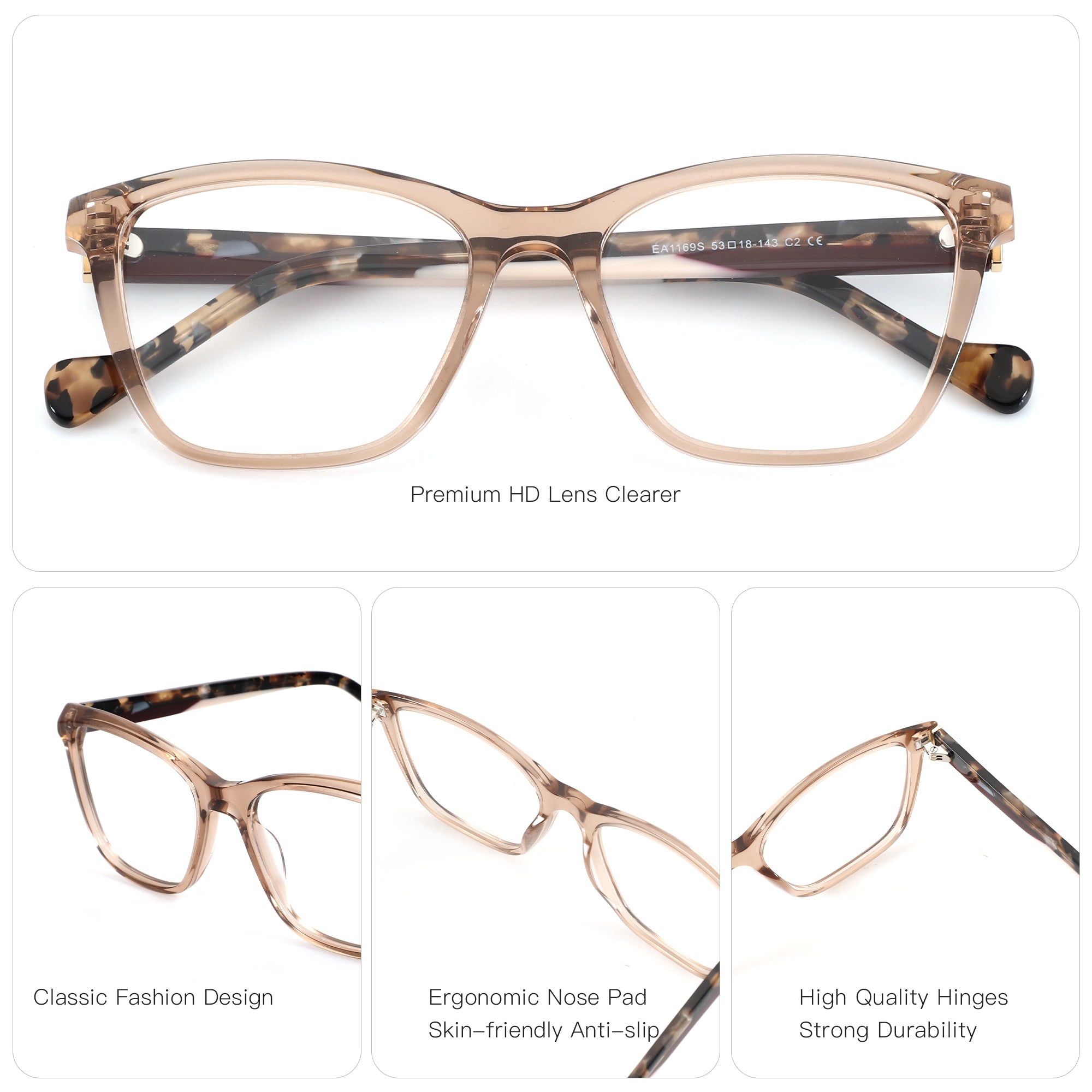 Zenottic Cressida eyeglasses: brown acetate square frame, tortoise temples. Features clear HD lens, ergonomic nose pads, durable hinges.