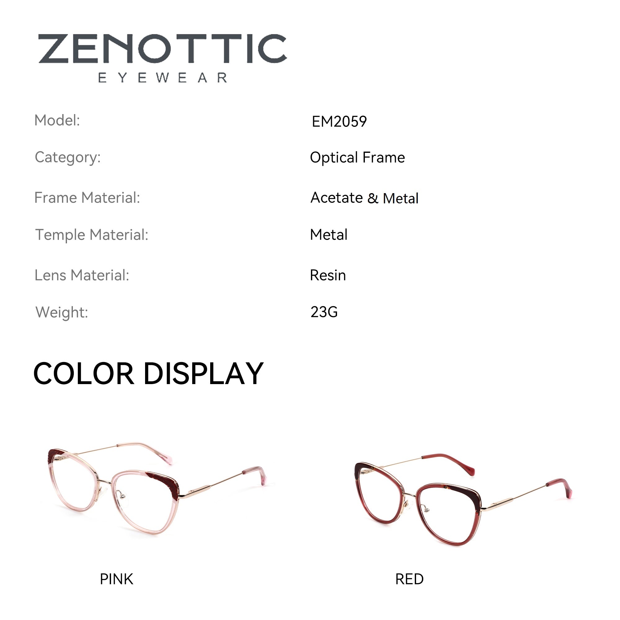 Zenottic Paloma eyeglasses in pink and red. Acetate & metal frame, resin lenses. Model EM2059.