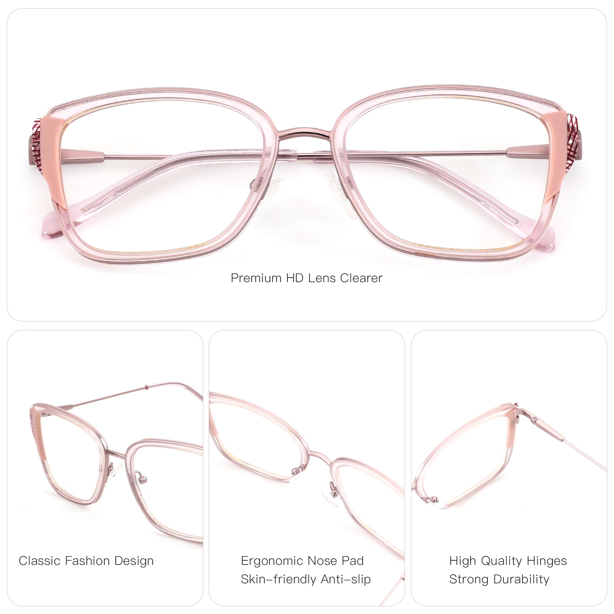 Zenottic Paloma pink cat-eye eyeglasses with classic fashion design, ergonomic nose pads, and high-quality hinges.