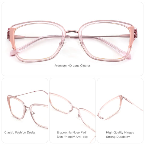 Zenottic Paloma pink cat-eye eyeglasses with classic fashion design, ergonomic nose pads, and high-quality hinges.