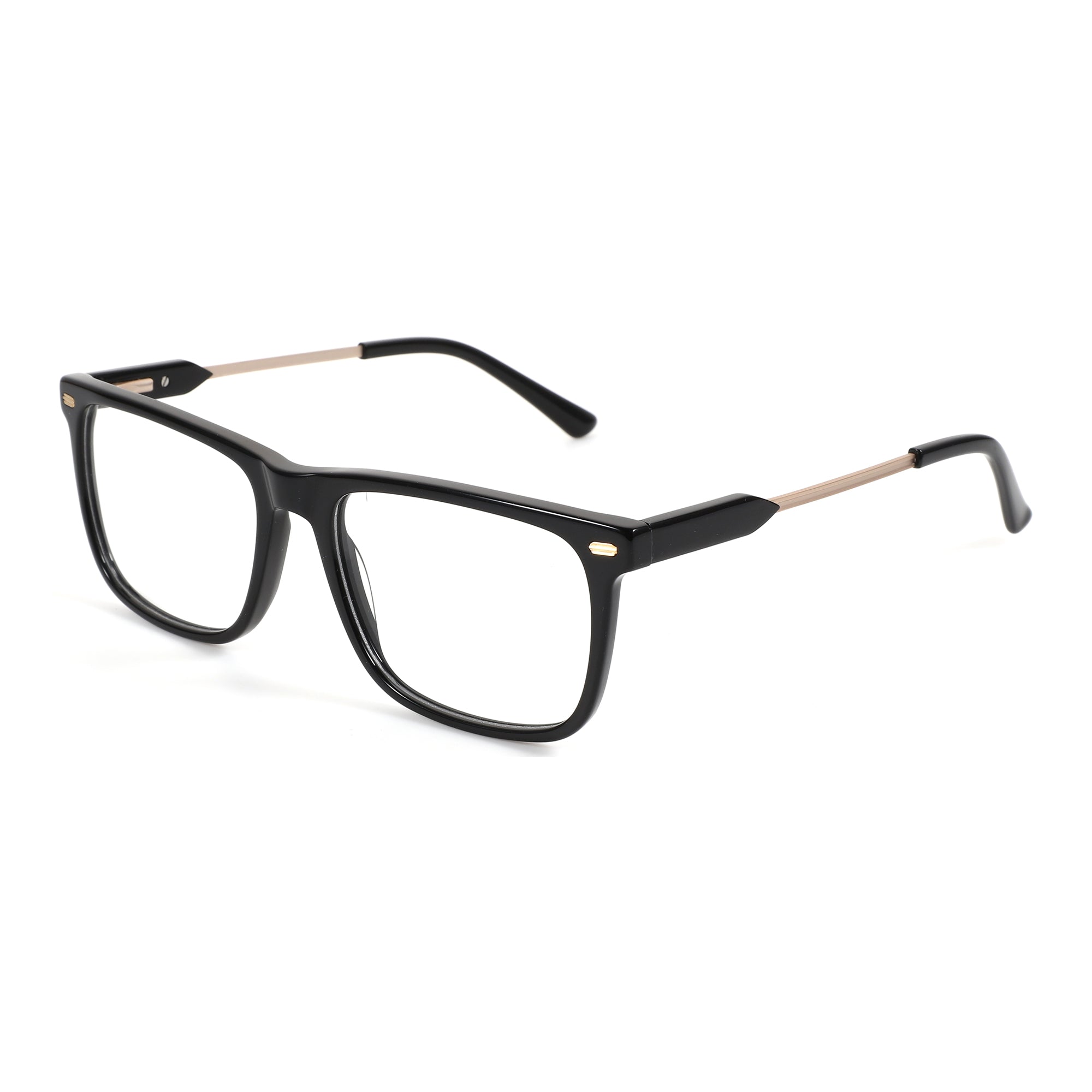 Zenottic Meredith square acetate glasses. Fashionable black frame with gold accents & metal temples.