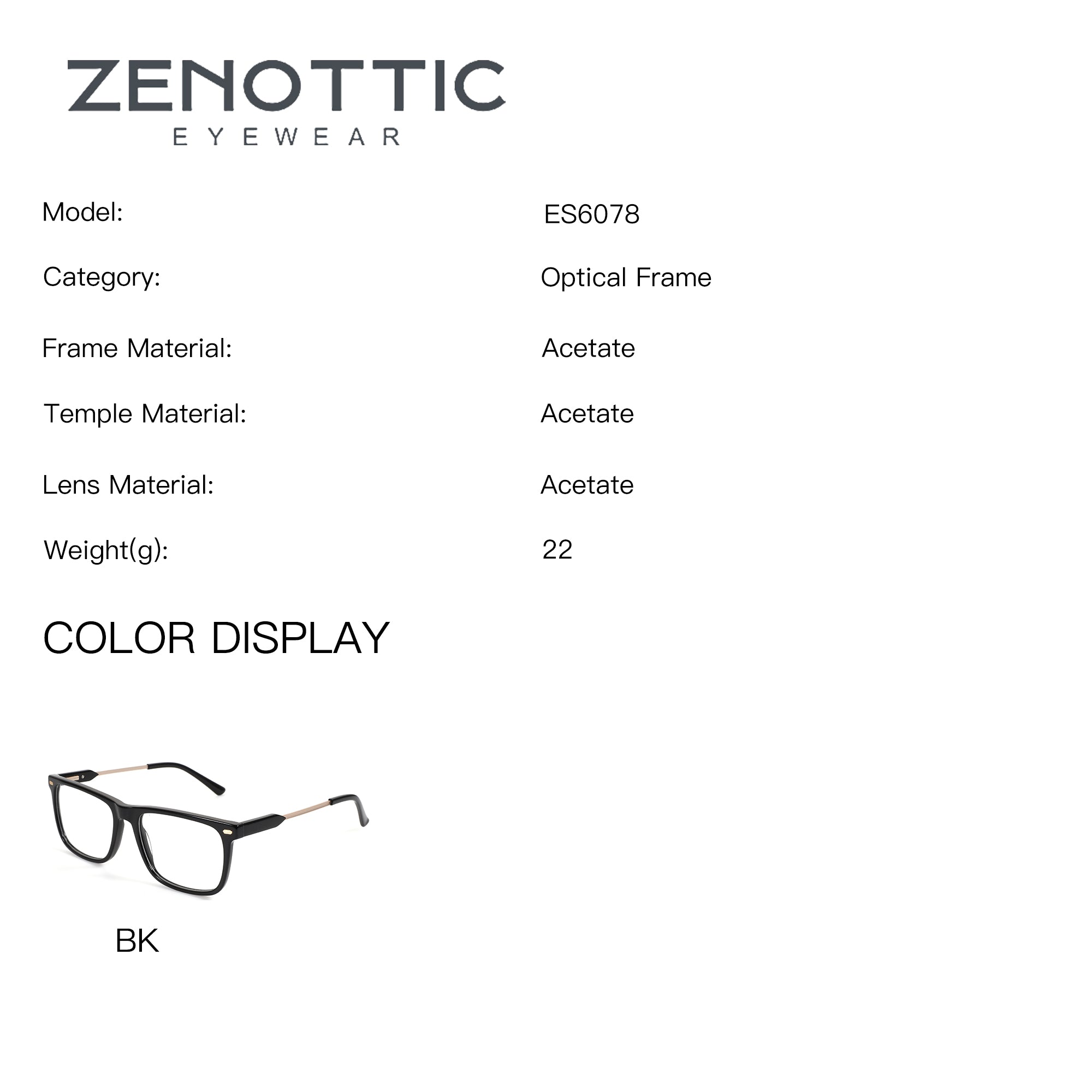 ZENOTTI Meredith eyeglasses in black acetate with a square frame and gold temple accents.