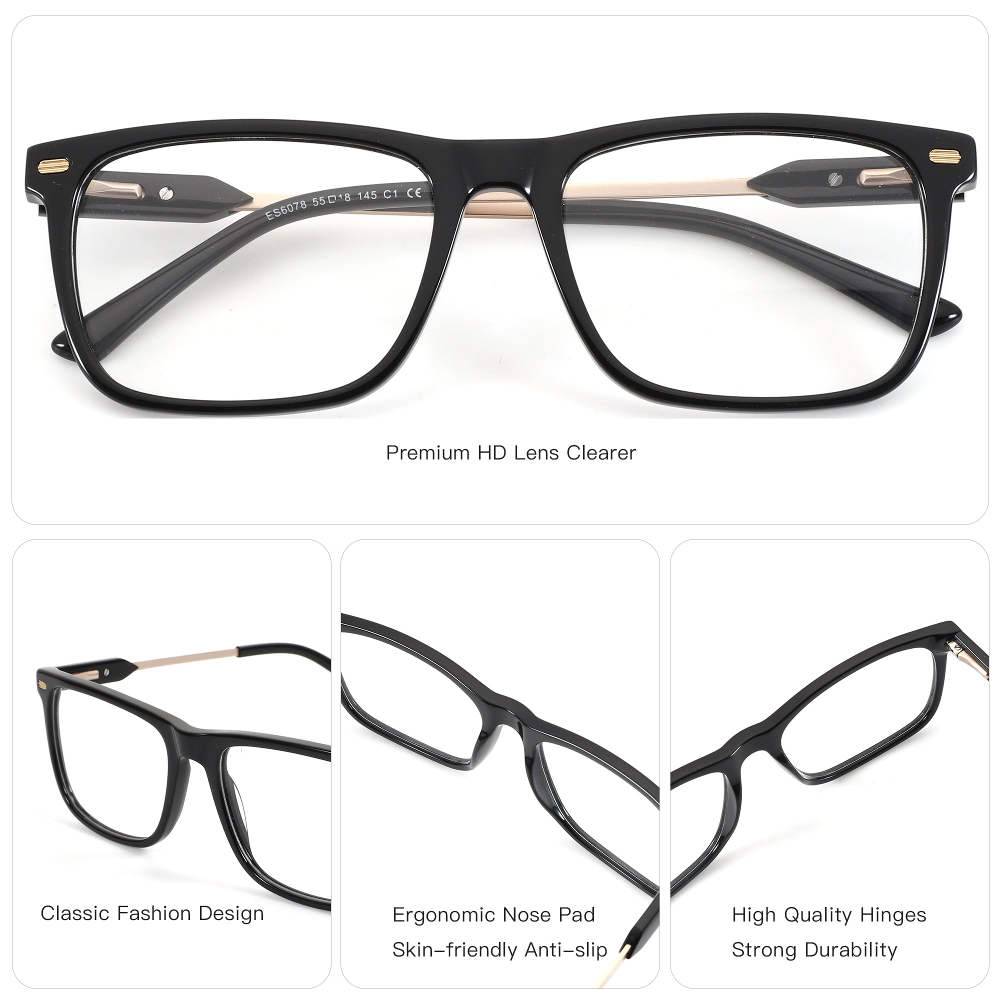 Zenottic Meredith black acetate square frame glasses, clear lenses.