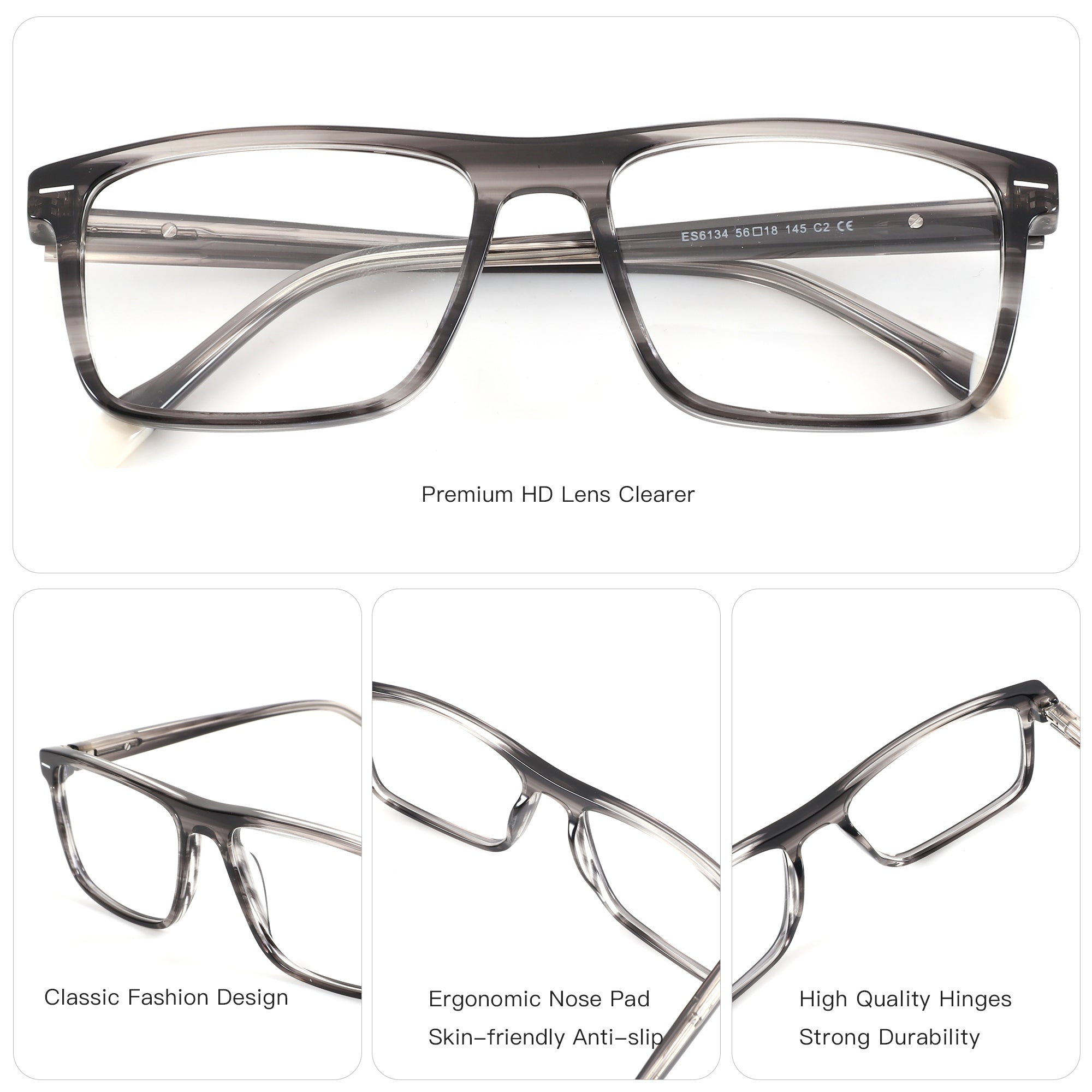 ZENOTTIC Marlon ES6134 grey acetate square eyeglasses, classic fashion, ergonomic nose pads.