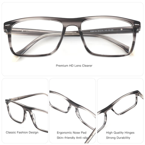 ZENOTTIC Marlon ES6134 grey acetate square eyeglasses, classic fashion, ergonomic nose pads.