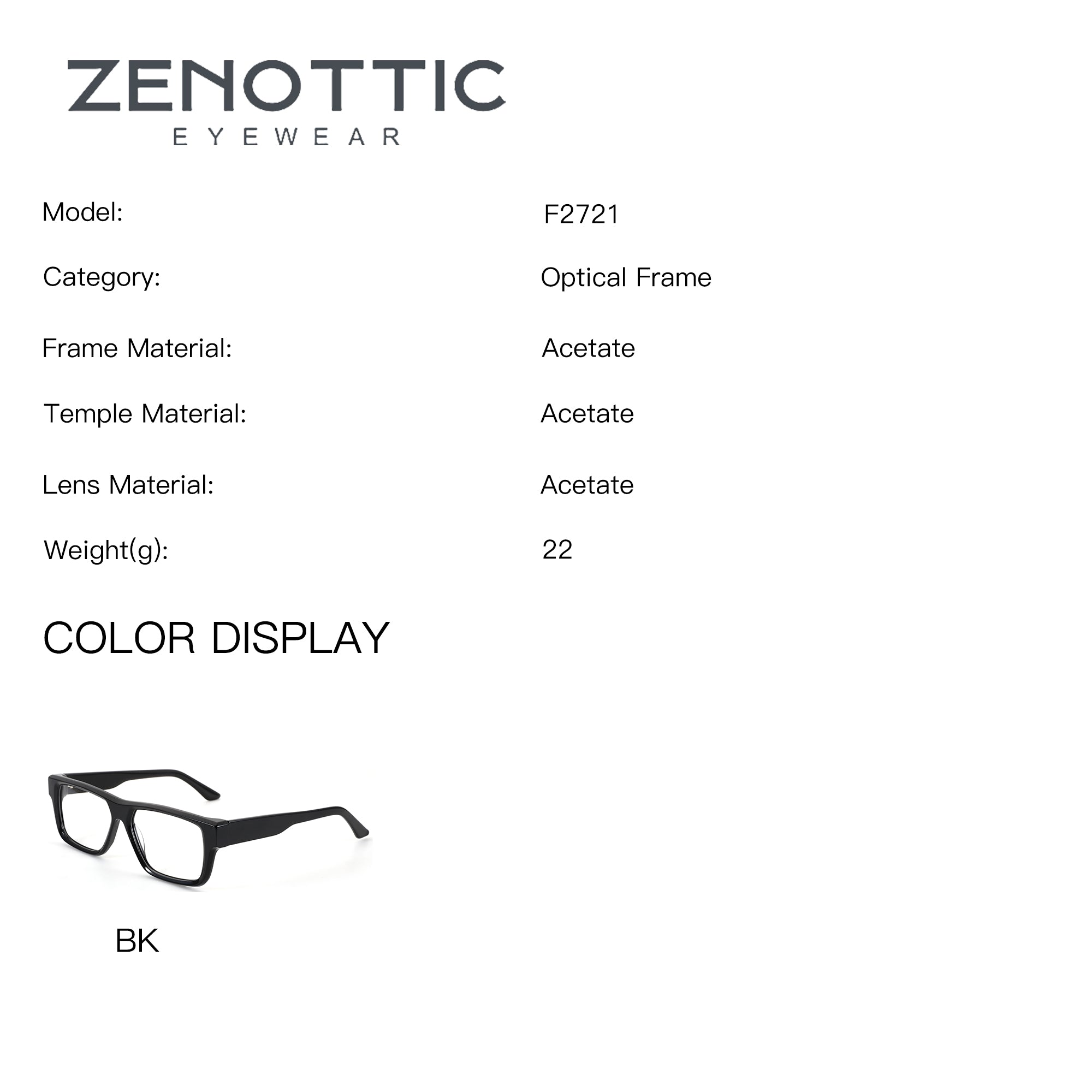 ZENOTTIC Marcus F2721 eyeglasses: Black acetate square frame fashion glasses.