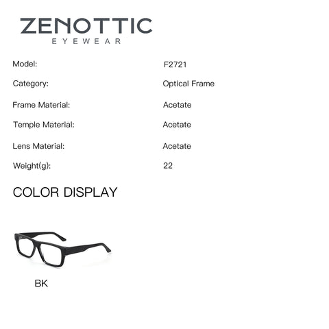 ZENOTTIC Marcus F2721 eyeglasses: Black acetate square frame fashion glasses.