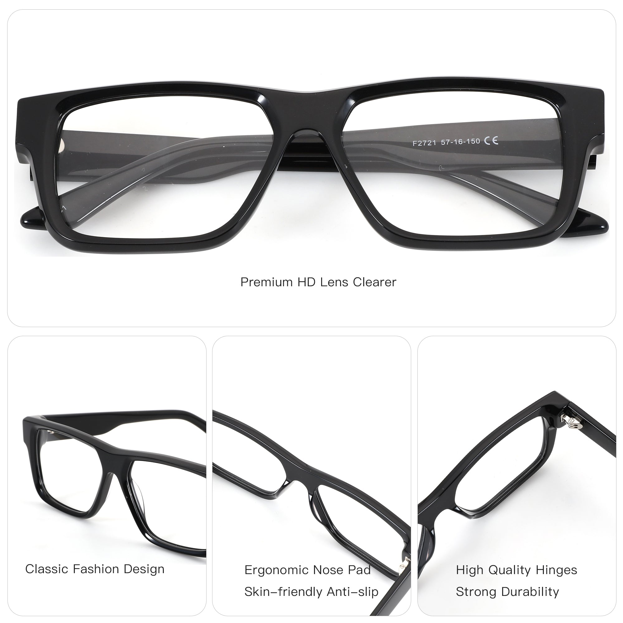 ZENOTTIC Marcus black acetate square fashion eyeglasses with ergonomic nose pads and durable hinges.