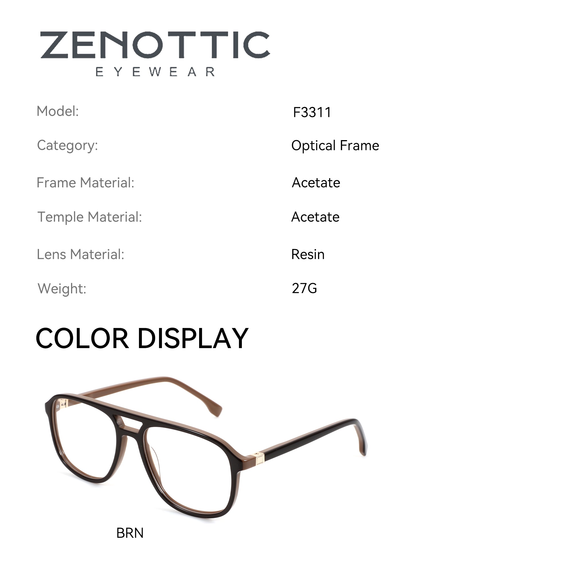 Zenottic Seth aviator eyeglasses in brown acetate with clear lenses. Model F3311.