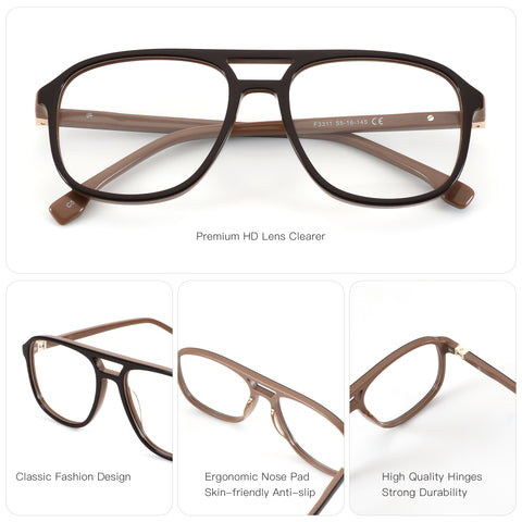 Zenottic Seth eyeglasses feature a brown acetate aviator frame with clear lenses, model F3311.