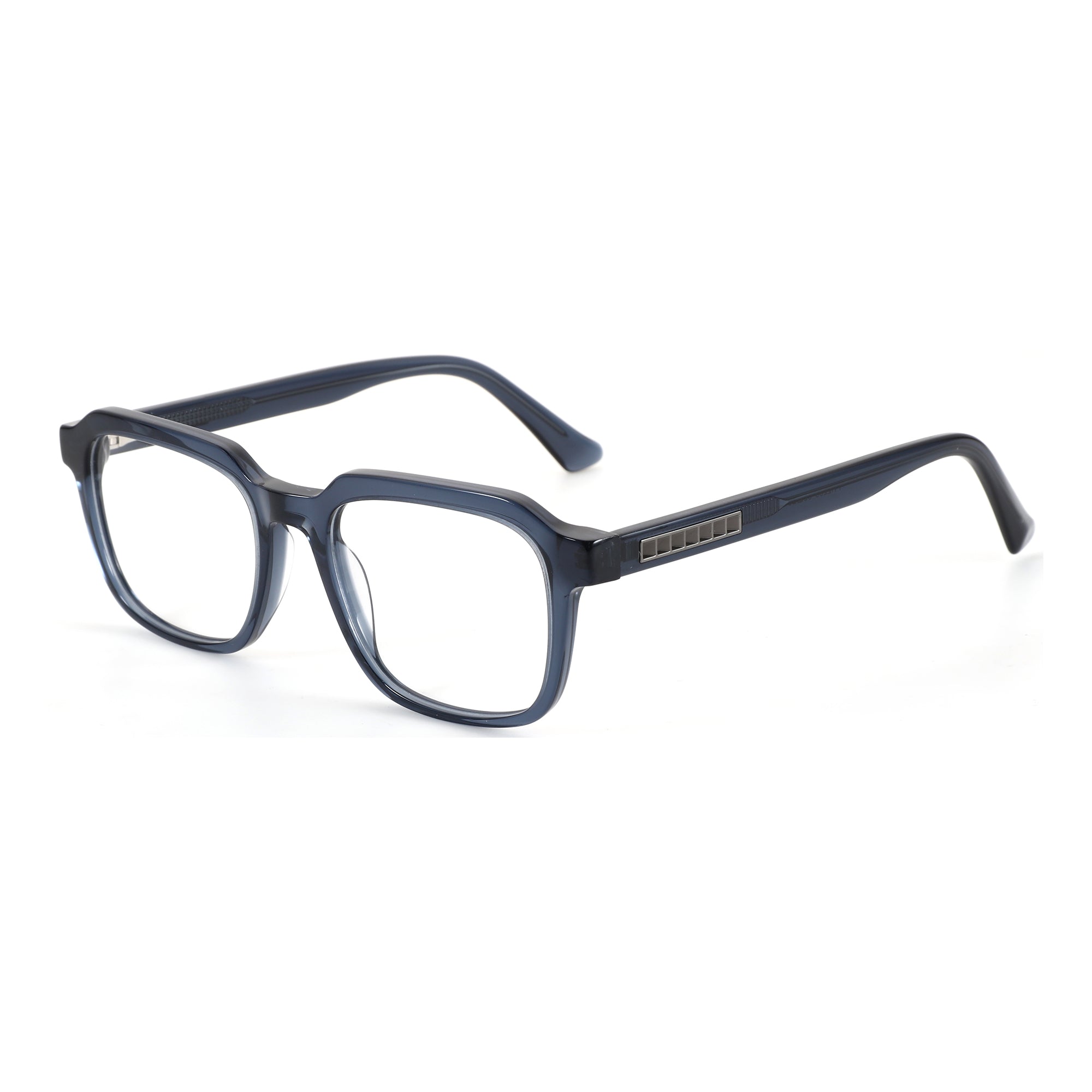 Zenottic Lyndon navy acetate full-rim square glasses with metallic temple detail.