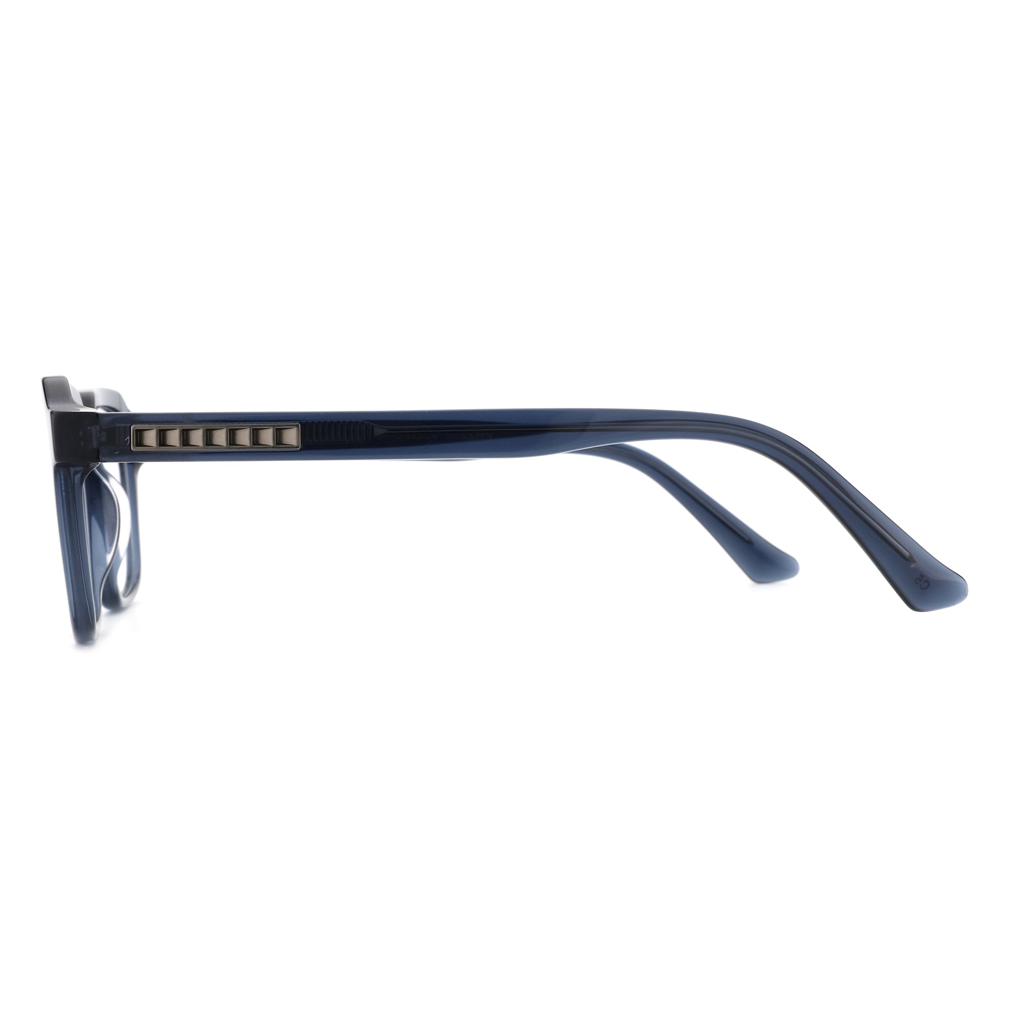 ZENOTTIC Lyndon smoky blue acetate square eyeglasses, side view with metallic temple block details.