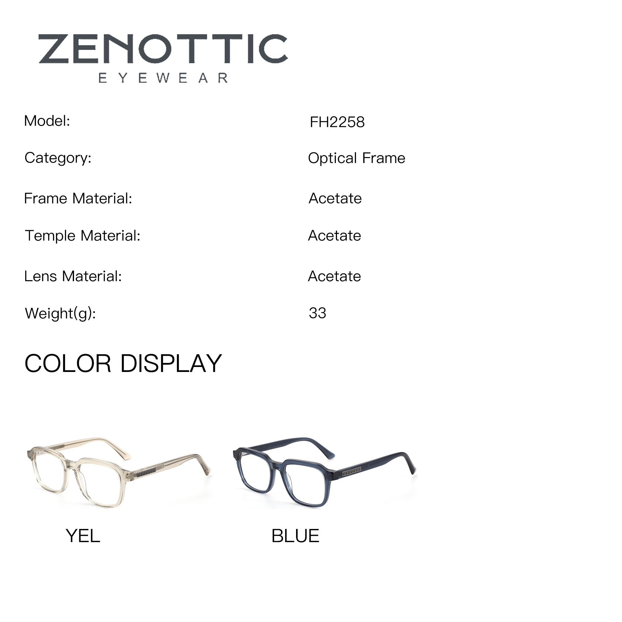 ZENOTTIC Lyndon FH2258 eyeglasses, square acetate frames in yellow and blue.