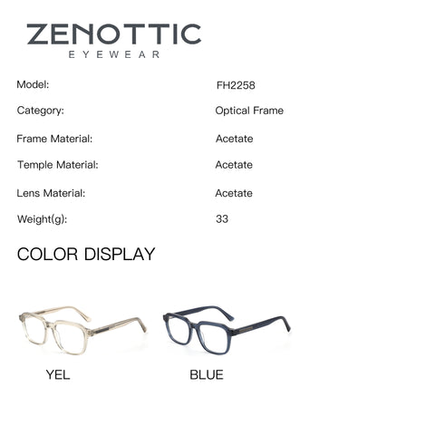ZENOTTIC Lyndon FH2258 eyeglasses, square acetate frames in yellow and blue.
