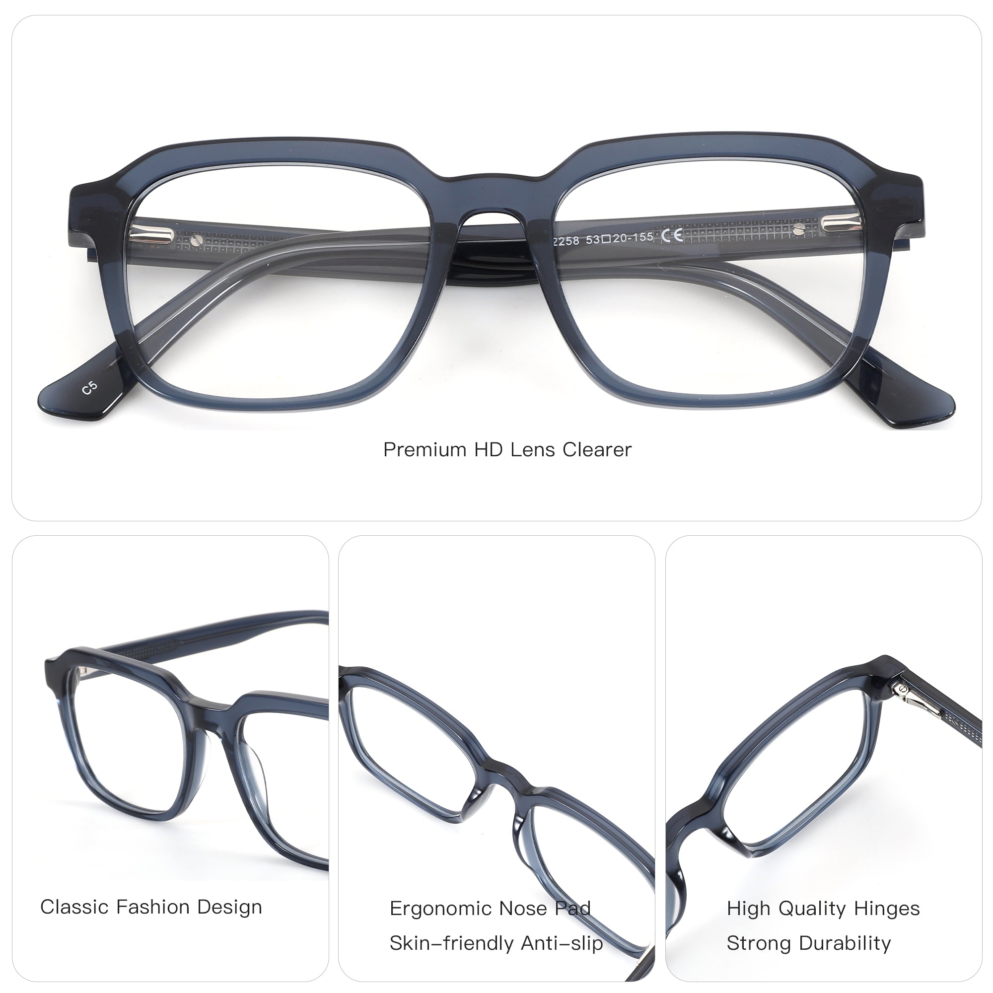 ZENOTTIC Lyndon dark blue acetate square eyeglasses, model 2258, 53mm lens.
