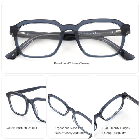 ZENOTTIC Lyndon dark blue acetate square eyeglasses, model 2258, 53mm lens.