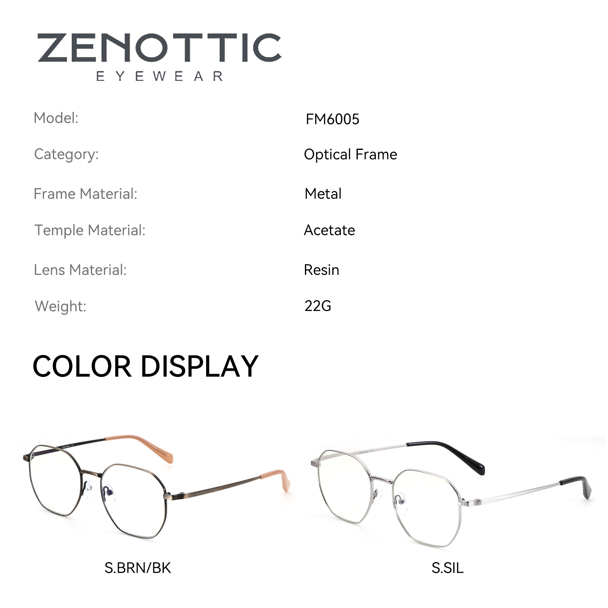 Zenottic Eyeglasses Baldwin: Metal frame, optical, geometric shape, available in S.BRN/BK and S.SIL.