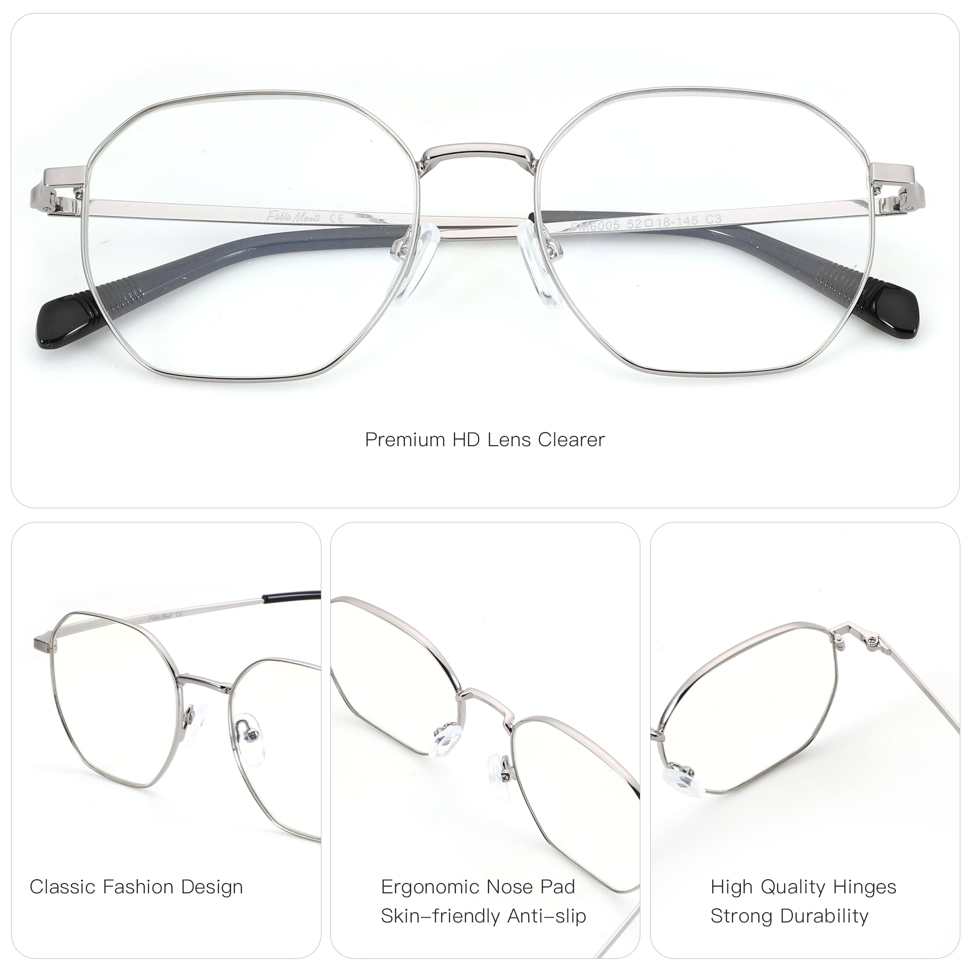 Zenottic Baldwin silver metal geometric eyeglasses with clear lenses. Classic fashion, ergonomic nose pads, durable hinges.