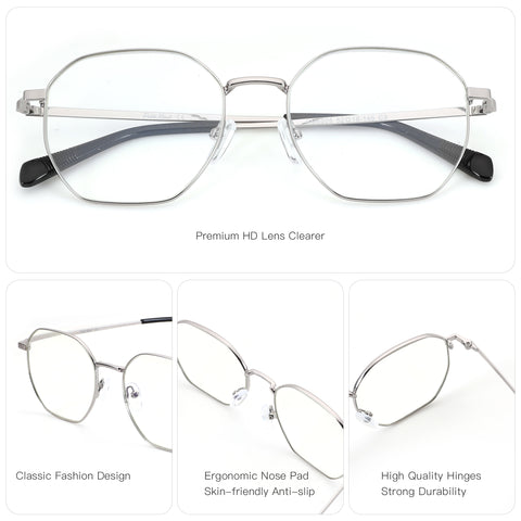 Zenottic Baldwin silver metal geometric eyeglasses with clear lenses. Classic fashion, ergonomic nose pads, durable hinges.