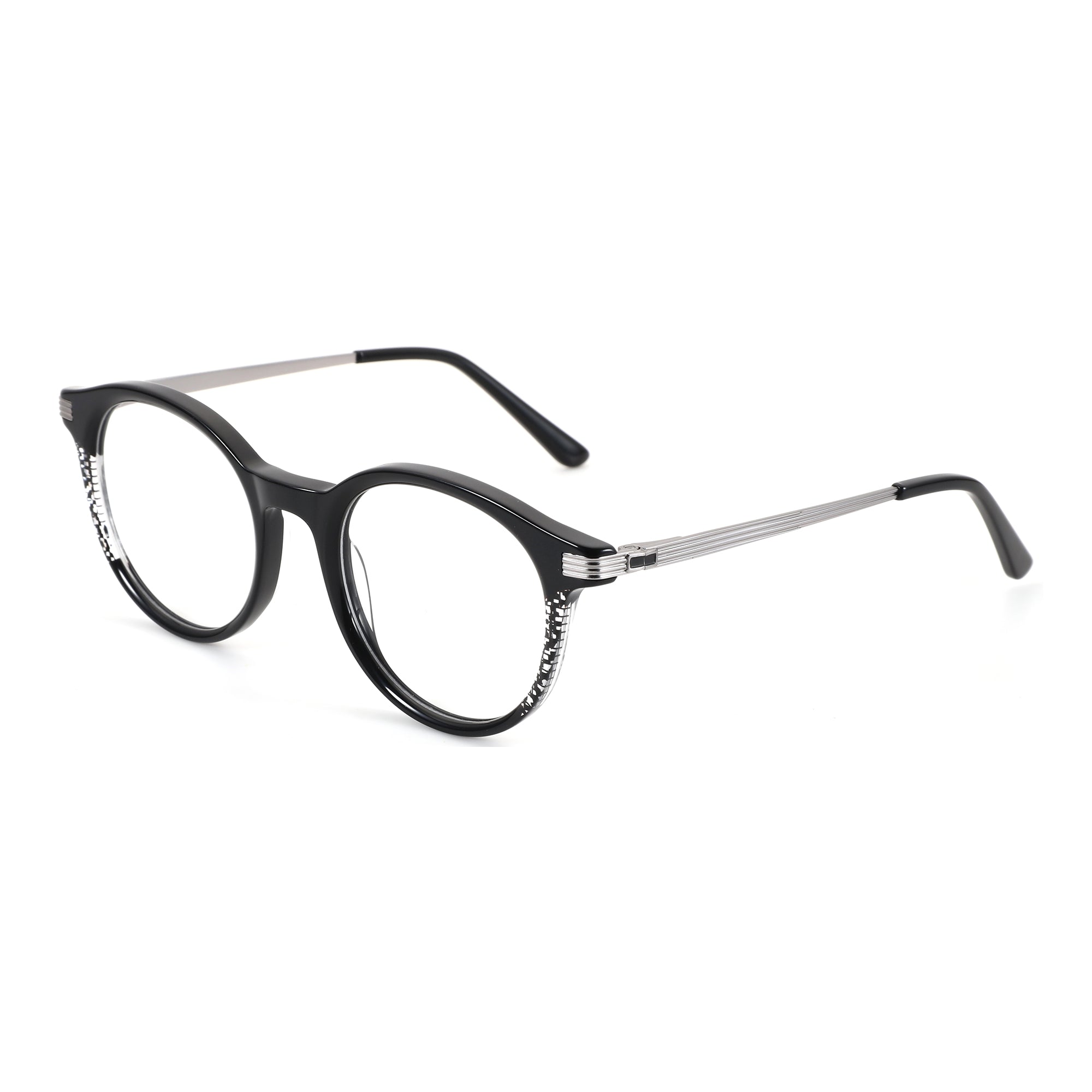 ZENOTTIC Swilder black round acetate eyeglasses with silver temples and decorative detail.