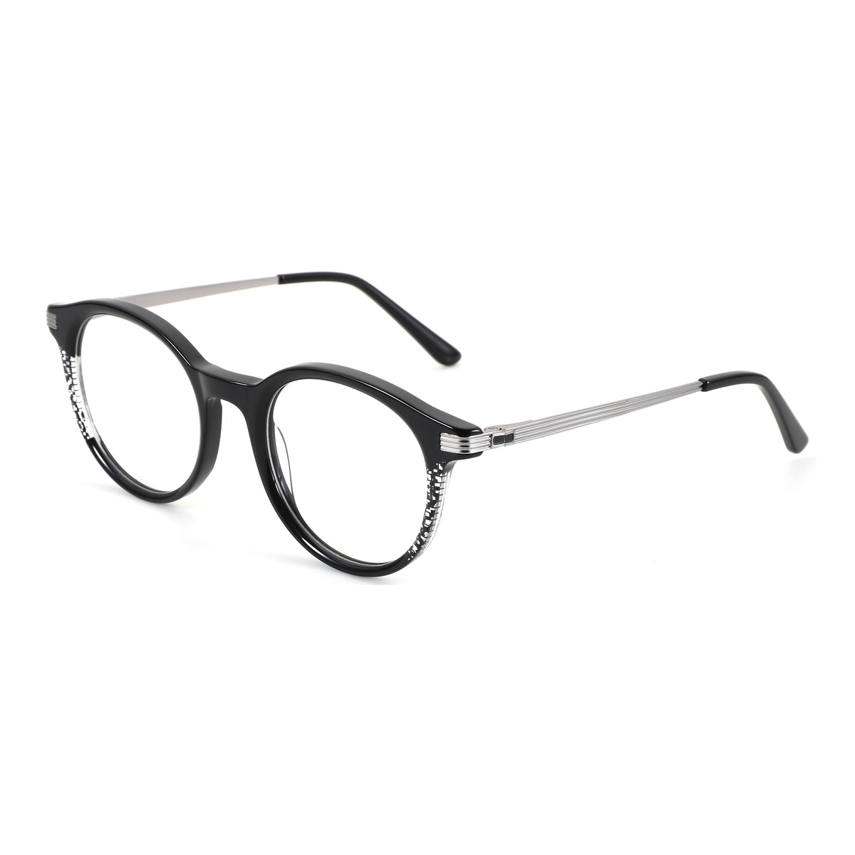 ZENOTTIC Swilder black round acetate eyeglasses with silver temples and decorative detail.