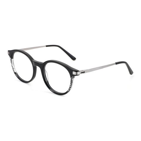 ZENOTTIC Swilder black round acetate eyeglasses with silver temples and decorative detail.