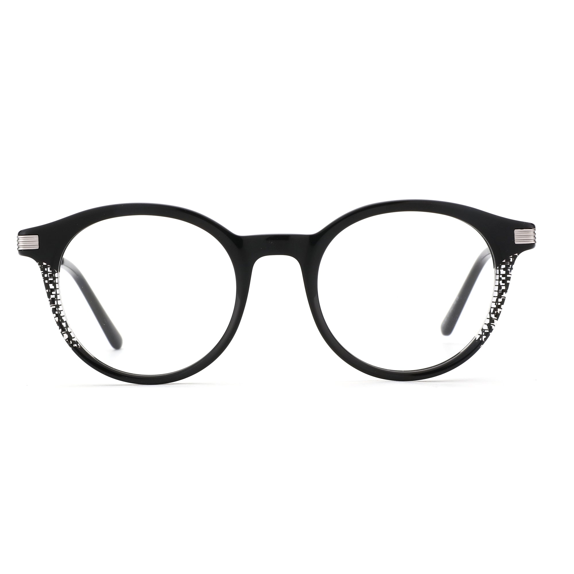 ZENOTTIC Swilder black round acetate eyeglasses with patterned temple inlays.