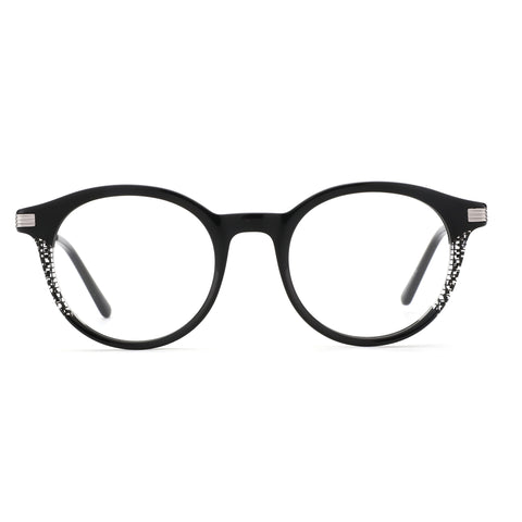 ZENOTTIC Swilder black round acetate eyeglasses with patterned temple inlays.