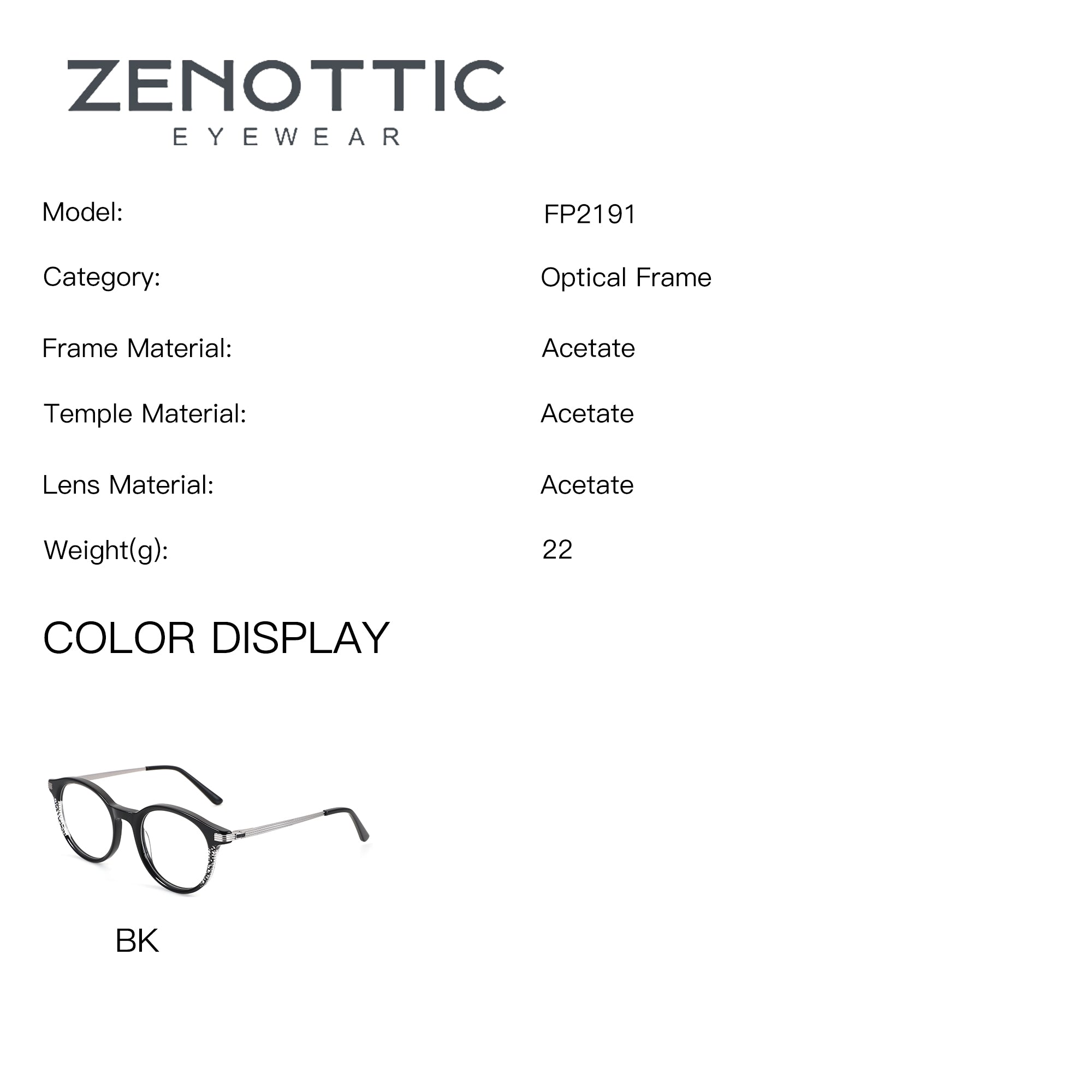 Zenottic Swilder FP2191 black round acetate eyeglasses with silver temples, BK color.