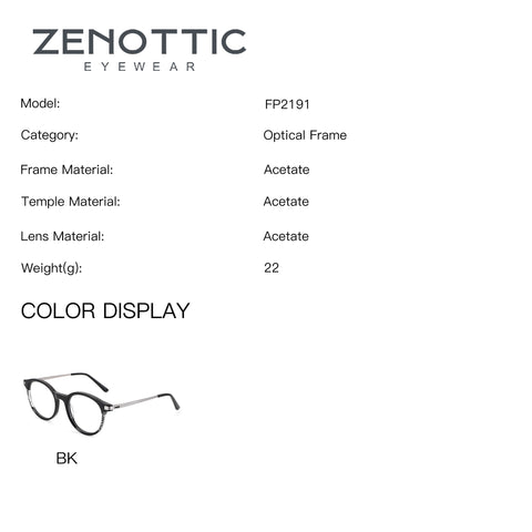 Zenottic Swilder FP2191 black round acetate eyeglasses with silver temples, BK color.