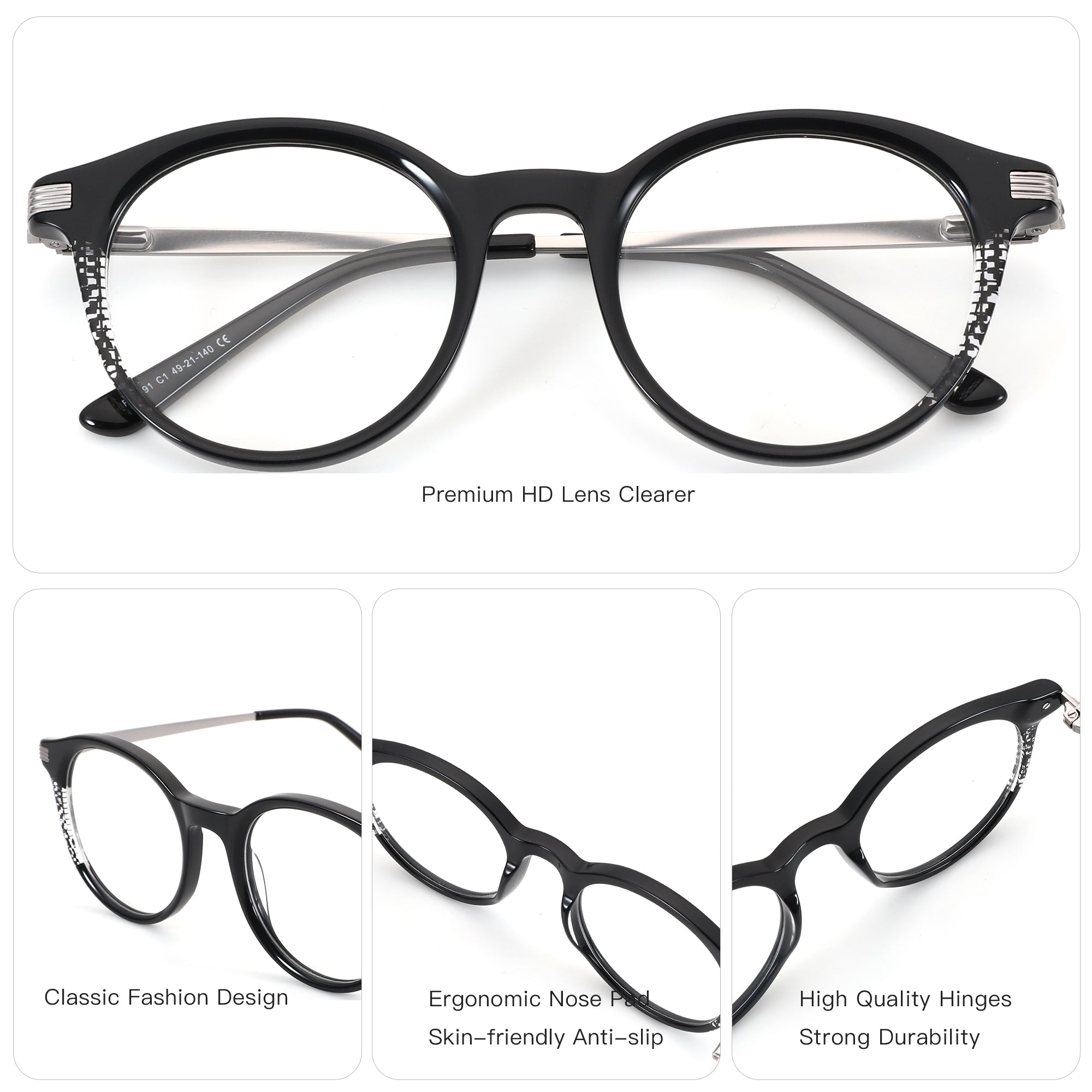 ZENOTTIC Swilder fashion round eyeglasses in black acetate with decorative patterned temples.