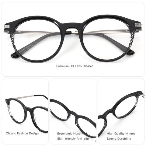 ZENOTTIC Swilder fashion round eyeglasses in black acetate with decorative patterned temples.