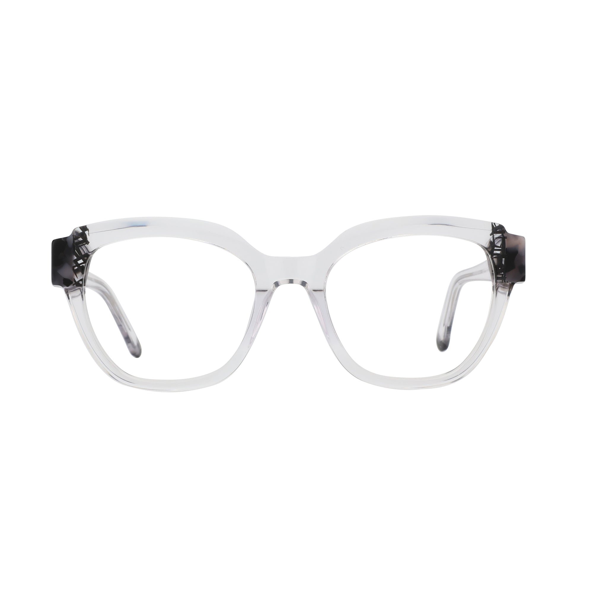 ZENOTTIC Janisa clear acetate square eyeglasses with patterned temples.