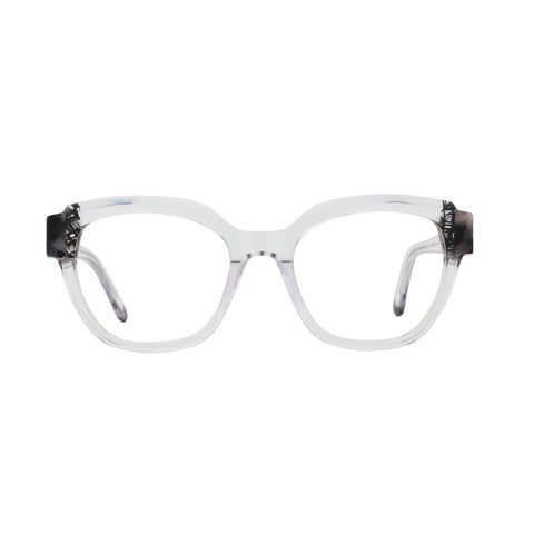 ZENOTTIC Janisa clear acetate square eyeglasses with patterned temples.
