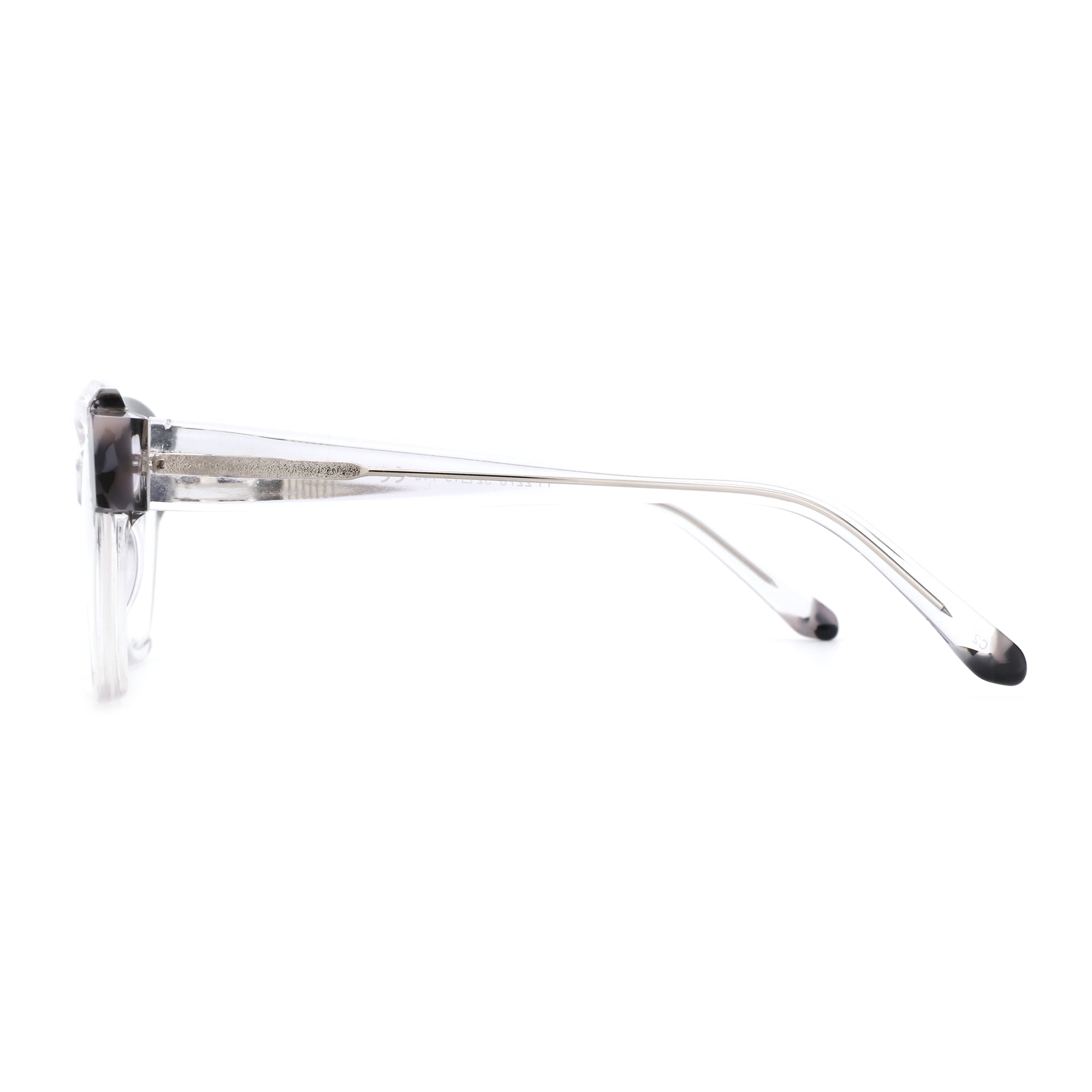 Zenottic Janisa clear acetate square eyeglasses, side profile with etched branding
