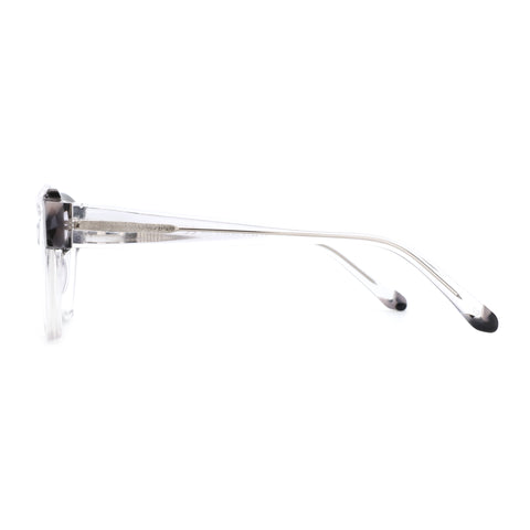 Zenottic Janisa clear acetate square eyeglasses, side profile with etched branding