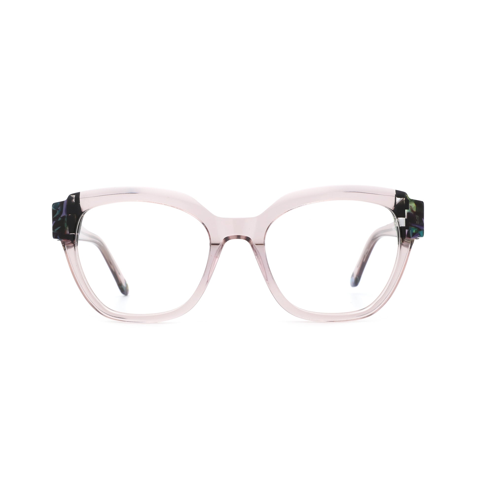 ZENOTTIC Janisa fashion square acetate eyeglasses, light pink frame with marbled temple detail.