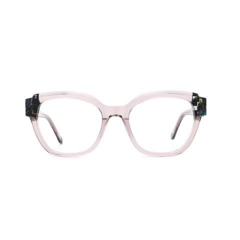 ZENOTTIC Janisa fashion square acetate eyeglasses, light pink frame with marbled temple detail.