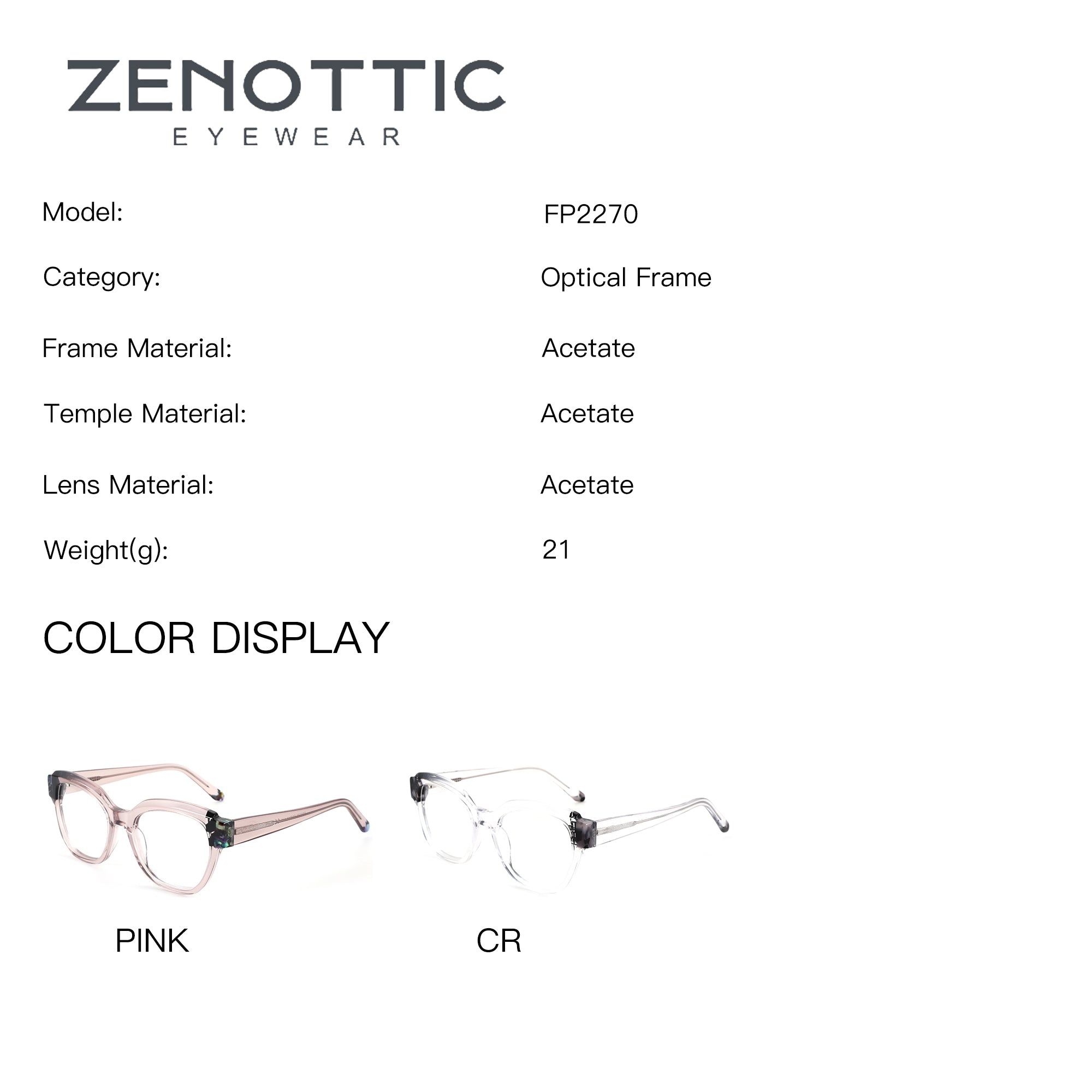 ZENOTTIC Janisa FP2270 eyeglasses: pink and clear acetate square frame.