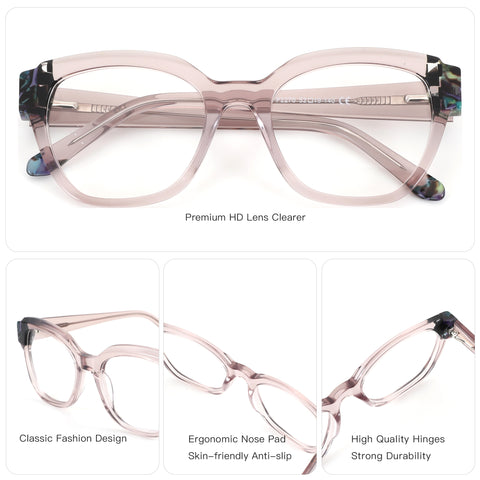 Zenottic Janisa eyeglasses: pink square acetate frame, marbled temples, P2270 model, clear lenses.