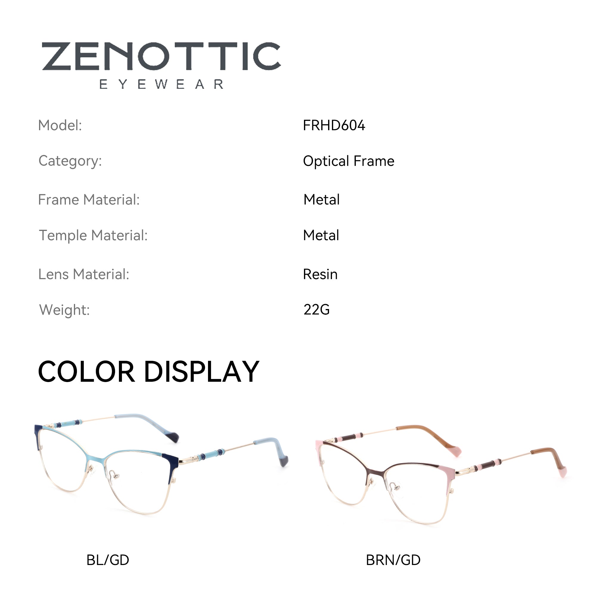 Zenottic FRHD604 Eyeglasses: Metal frame, resin lenses, color display with blue/gold and brown/gold options