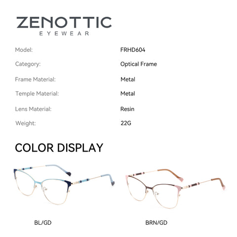 Zenottic FRHD604 Eyeglasses: Metal frame, resin lenses, color display with blue/gold and brown/gold options